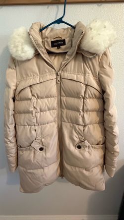 Women's Down Long Puffer Jacket Hood Faux Fur Trim Rose/Beige Size L Valuker Brand