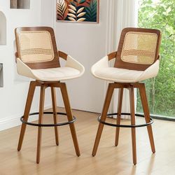 Bar Height Bar Stools Set of 2 - 29.5 inch Mid Century Modern Bar Stools with Cane Back, Curved Arms, Faux Leather Upholstered Seat, Rattan BarStools 