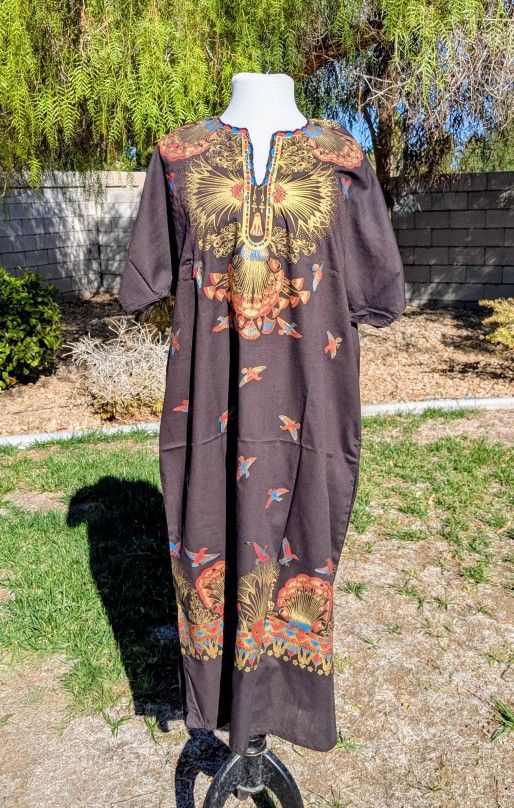 Retro Kaftan Black/Gold Goddess Cleopatra Ankh Birds Graphic Print Cotton Dress