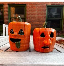 Pair Vintage Halloween Face Pumpkin JOL Ceramic Sculpture