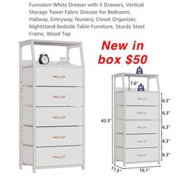 New  White Dresser with 5 Drawers, Vertical Storage Tower Fabric Dresser for Bedroom, Hallway, Entryway, Nursery, Closet Organizer, Nightstand$50