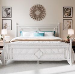 14 Inch Queen Size Metal Platform Bed Frame, Vintage Victorian Style, Wrought Iron Headboard and Footboard/Mattress Foundation for Storage/No Box Spri