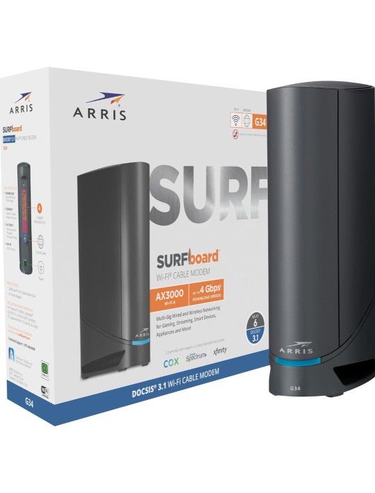 ARRIS Surfboard G34 DOCSIS 3.1 Gigabit Cable Modem & Wi-Fi 6 Router (AX3000) , Approved for Comcast Xfinity, Cox, Spectrum & More , Four 1 Gbps Ports 