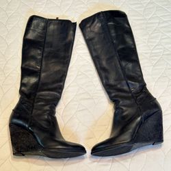 Women’s Frye Leather Cece Seam Wedge Tall Knee High Boots Size 8 Pre-Owned Black