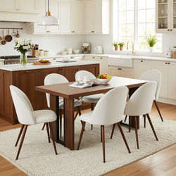 Homy Casa Sorian+Haven 7PC Dining Set 63” Table with 6 Beige Fabric Chairs Walnut Finish