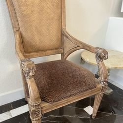 Classic Carved Wood Armchair with Wicker Back – Timeless Accent Piece