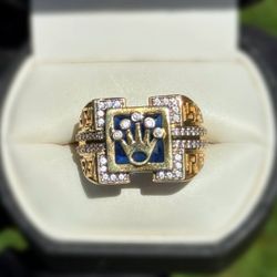 Jewelry 10k solid yellow gold blue sapphire white CZ stones 0.80CT crown Rolex ring size 10.75