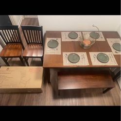 (Brand new) Farmhouse Style Dining Room Set ~5’5’ Table w/ Leaf, 4 Chairs, and Bench) ~Sold as a set