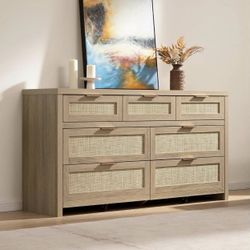 7 Drawer Dresser for Bedroom, 57" Wide Rattan Dressers, Large Chest of Drawers for Bedroom, Dresser