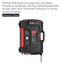 ECOMAX Wall Mount Air Compressor, Tire Inflator Portable Air Compressor, Oil-Free with Retractable 30ft Air