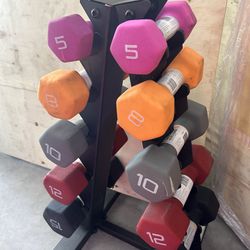New pair of 5,8,10,12,15lb neoprene  dumbbells with cuts in the neoprene and new rack 