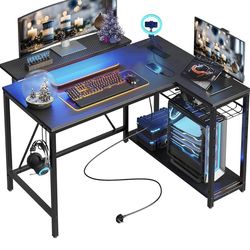 Gaming Desk with Power Outlets, 42" L-Shaped Computer Desk with LED Lights, Desk with Reversible Storage Shelves & Hooks for Small Spaces, Bedrooms &