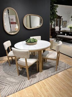 Dining Set features modern vibe w/Natural finish & white marble top