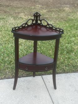 Vtg.  Bombay Corner Console Moon Front Fake Drawers  Accent Table Imperfections. Used in good condition with some minor cosmetic blemishes. These blem