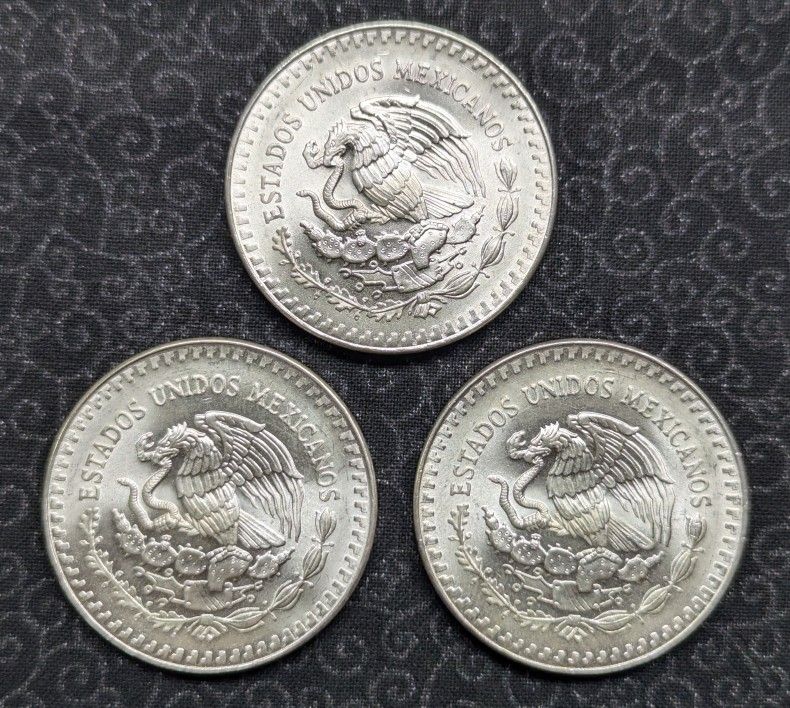 3 Mexico 1 Onza .999 Silver Coins - 1989 - Scarce!