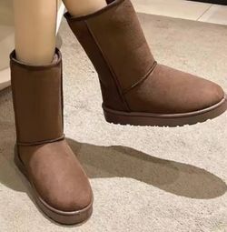 Women’s Classic Brown Winter Boots – Warm Fleece Lined Non-Slip Suede Snow Boots