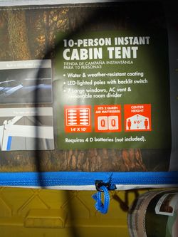 Ozark Trail 10 Person Family Instant Cabin Tent, 14' x 10' x 78", made with recycled materials, blue with insulated backpack, ice chest, and two sided