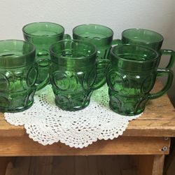 6 Green Vintage Glass Coffee Mugs