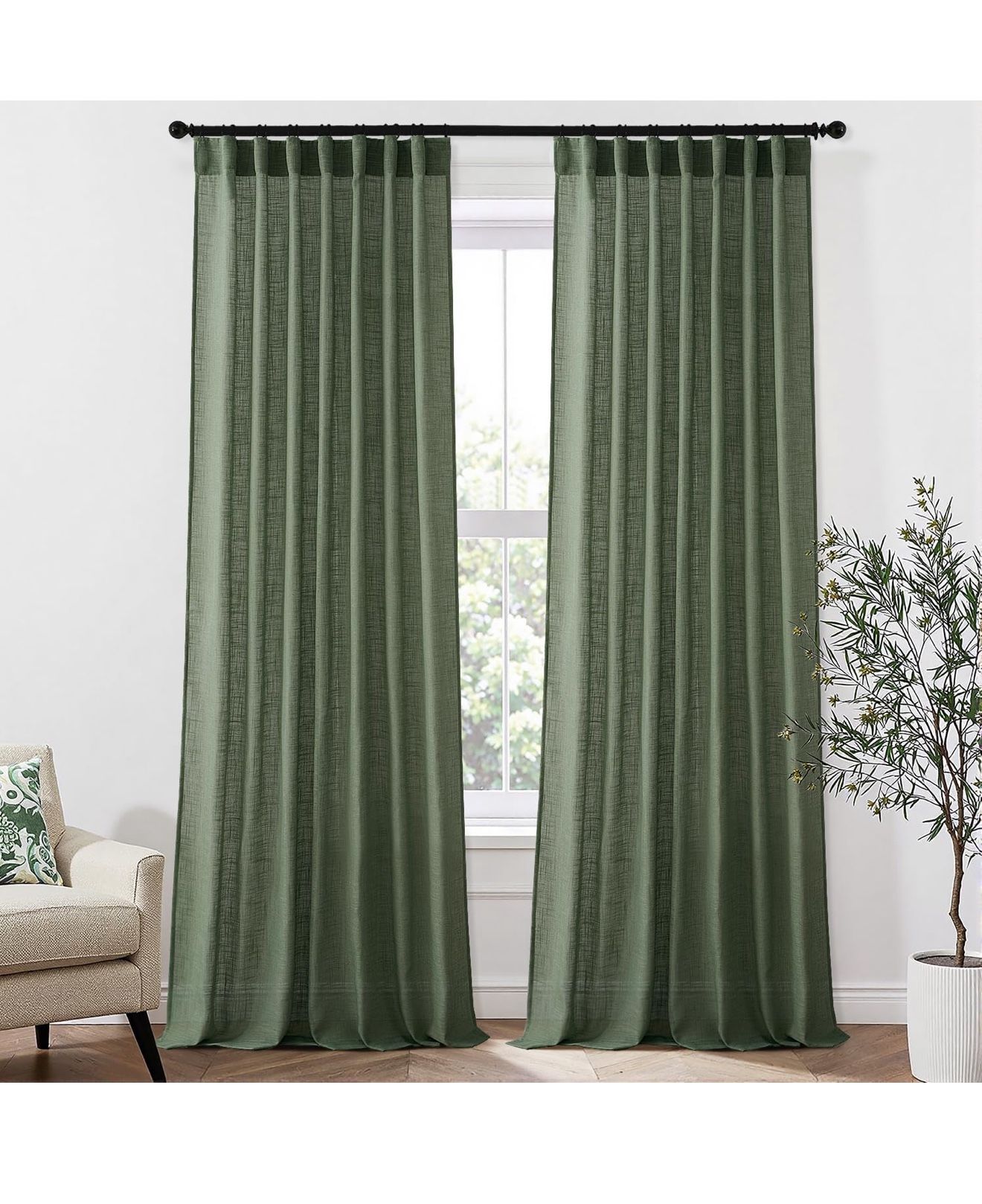 MIULEE Olive Green Linen Curtains 40*90, 2 Panels for Bedroom Living Room, Back Tab & Pleat