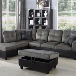 New Gray Sectional Sofa Microfiber Couch With Free Storage Ottoman And Pillows 
