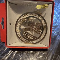 New Genuine 24k Gold Finish Brass Christmas Ornament, Oklahoma,  Vintage,collections, classic, present, in Box.