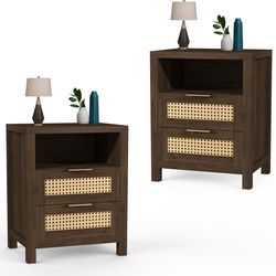 Set of 2 Rattan Nightstands with 2 storage drawers