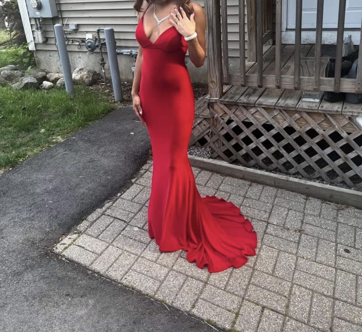 red criss cross mermaid tale prom dress