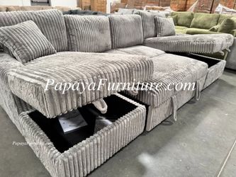 NEW Large U Shape Sectional with TWO STORAGE CHAISE Lounge Set Pullout Sleeper Bed Convertible Grey Brown Taupe Soft Plush Fabric Ashley Style BIG SAL