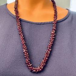 Vintage Necklace Dark Red Garnet Gemstone Polished Stone Bead Rope Strand 26” Long. 