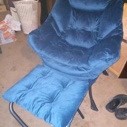 Blue Velvet Chair And Foot Stool