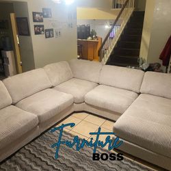 Sectional Sofa -with Large Chaise - Beige Corduroy Fabric 