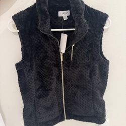 Women's Quilted Faux Fur Vest, Black, Size S