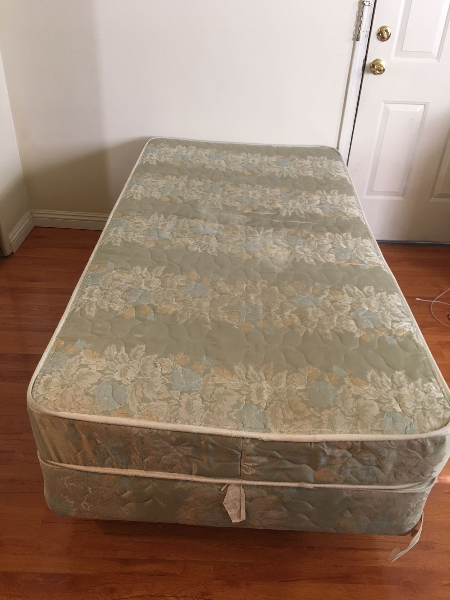 Twin size mattress, box, and bed frame