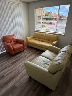 Genuine Leather Living Room Set – 2 Sofas + Chair + Wood Tables/Entertainment Center