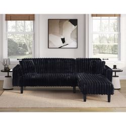 Brand new black or dark gray corduroy reversible click clack sectional sofa with USB and pillows (101.00 x 62.00 x 32.25 in. H)