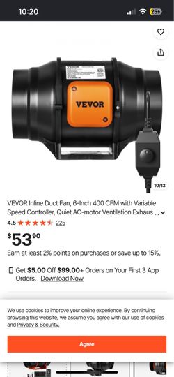 Vevor ventilation fan 6in 400cm speed control