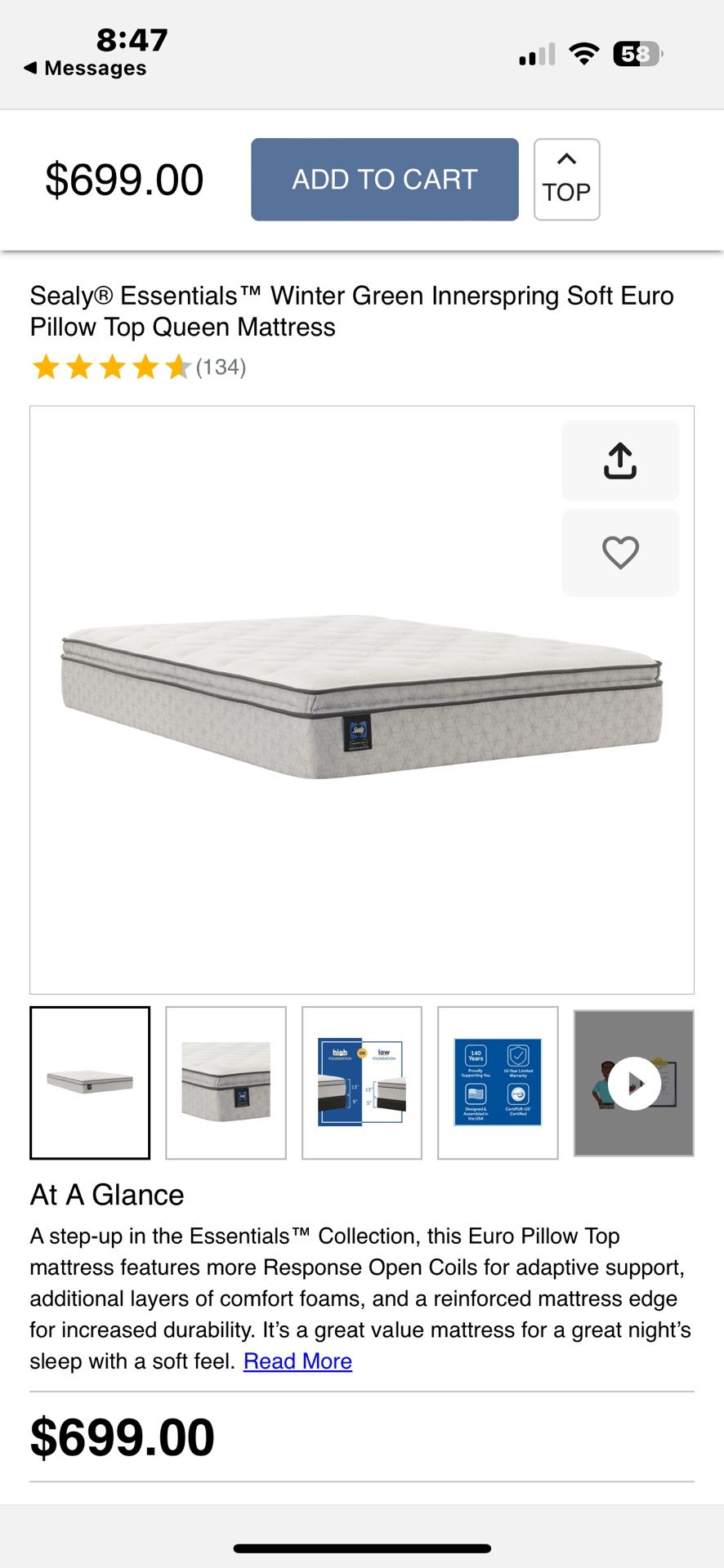 Sealy Essentials Winter Green Inner Spring Soft Euro Pillow Top QUEEN Mattress