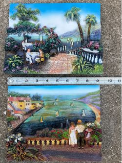 Set of 2 Tuscan Village 3D Relief Wall Plaques Hand Painted Coastal Theme Decor