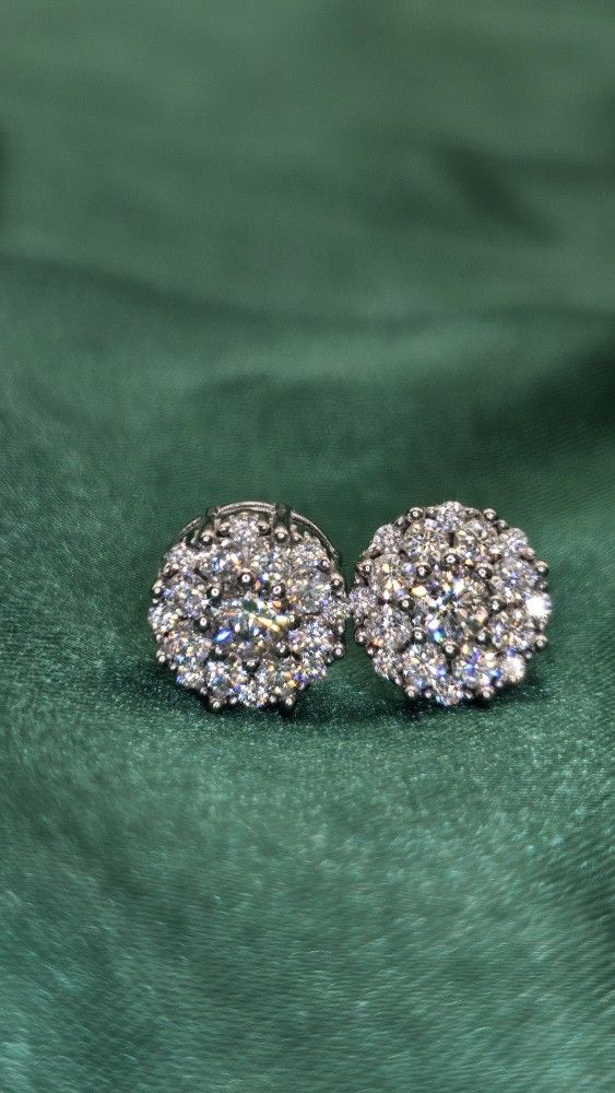 VVS D Color Moissanite Cluster Stud Earrings in White Gold with Screw Backs