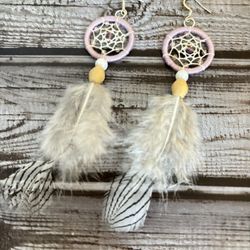Pastel Lavender/Silver Pheasant feather Dream Catcher Earrings