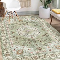 Area Rug 5'×7' Green Brown Oriental Boho Living Room Rug