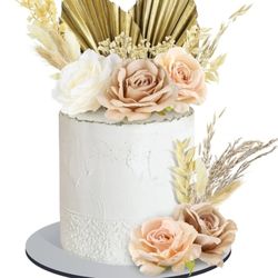 Elegant White Cake with Gold and Blush Floral Accents