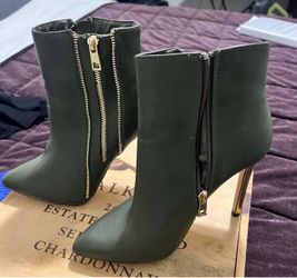 Olive Green Stiletto Ankle Boots with Gold Zippers