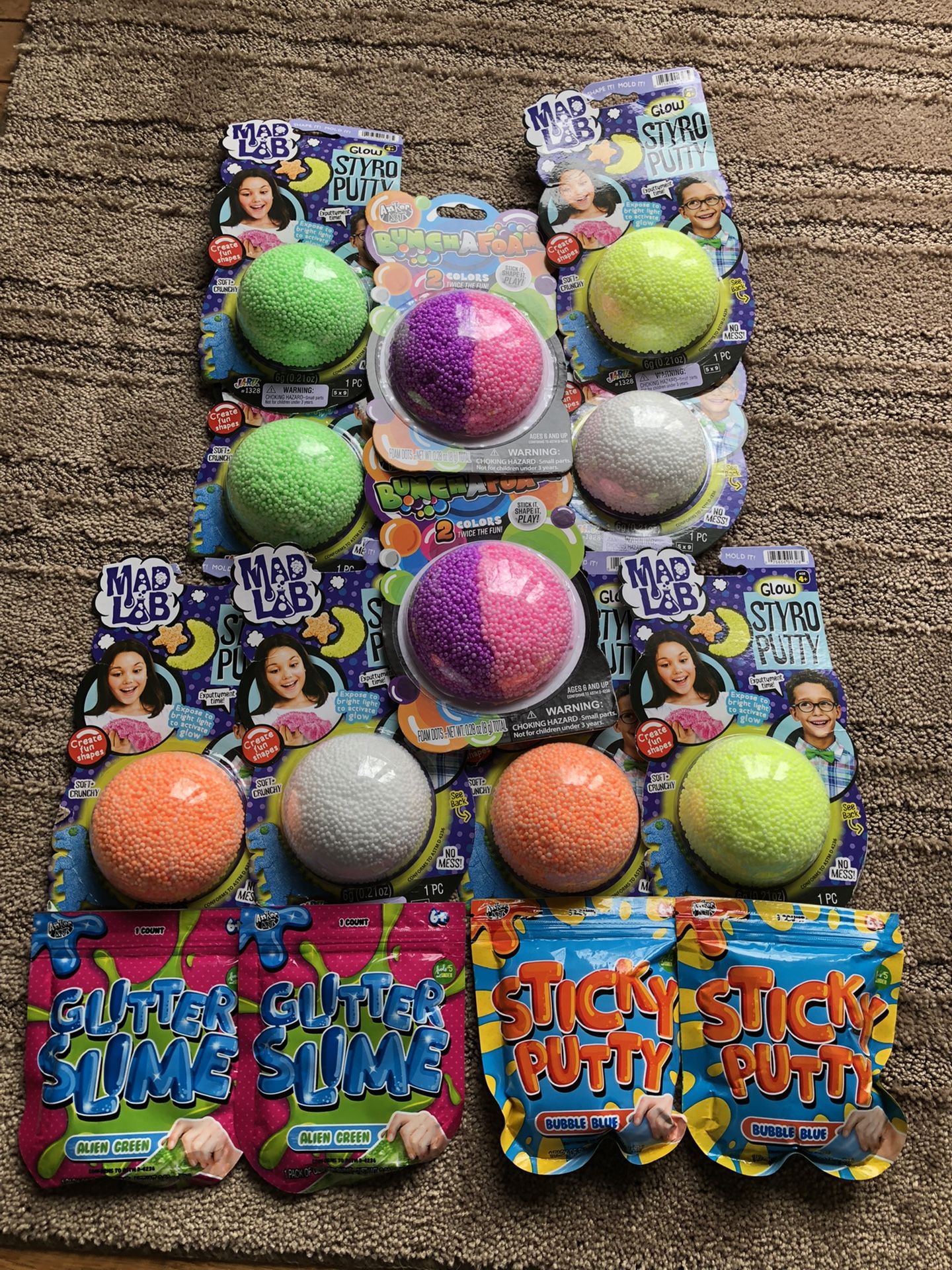 Styro Putty, Sticky Putty & Glimmer Slime.