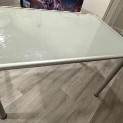 Modern Frosted Glass Table with Silver Metal Frame