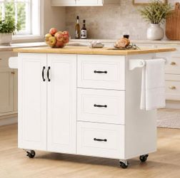 43" Kitchen Island with Drop Leaf, Rolling Kitchen Island
Modern Design, 4 Wheels, 3 Storage Drawers, Spice Rack & Towel Rack, for Kitchen Dining Room