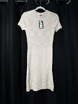 Cream Ribbed Knit Short Sleeve Midi Dress