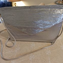Sasha , 80's Eveing Bag, Cross Body /clutch Bag Metalic Silver Fabric