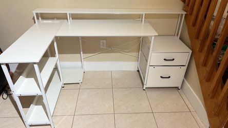 White L-Shaped Desk with Shelves and Drawers