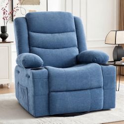 Blue Fabric Recliner Chair with Cup Holders